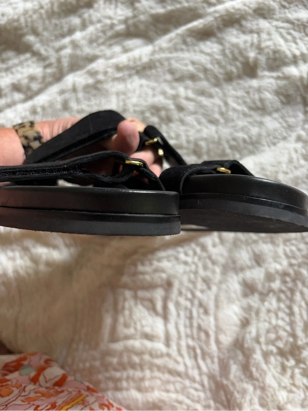 J. Crew Colbie Black Double-Strap Slide Sandals in suede and leather
